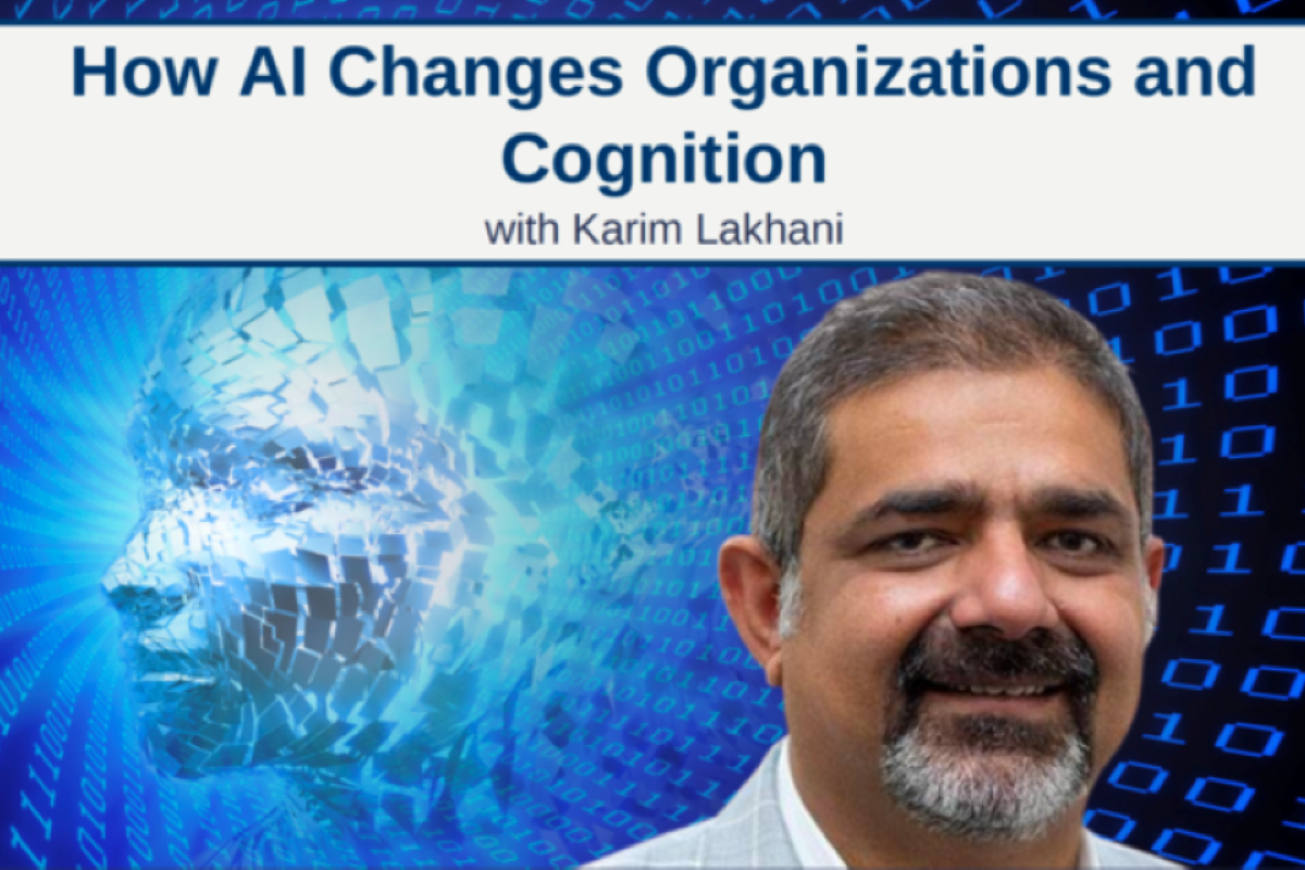 Karim Lakhani in front of an AI background 