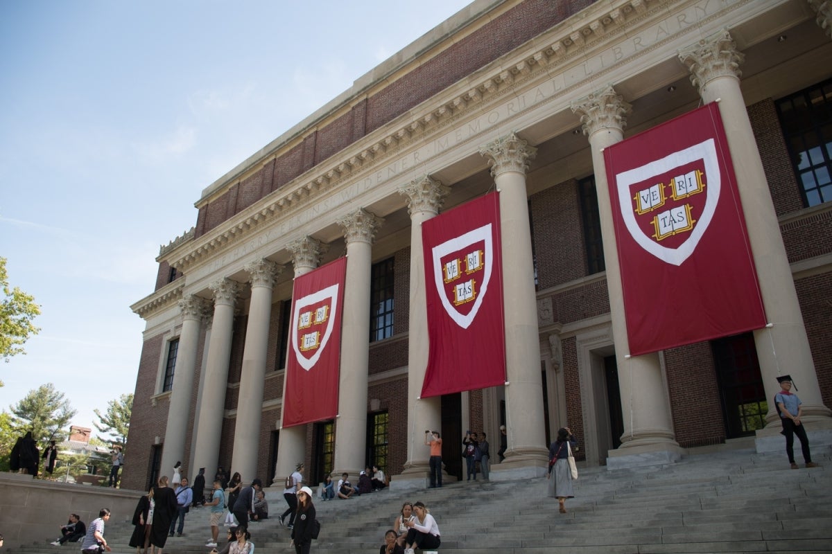 Front view of Widener Library with Harvard flags