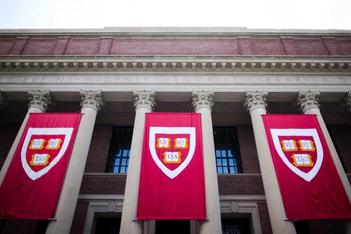 Widener Library with Harvard banners