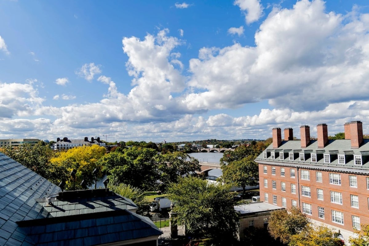 Aerial view of Harvard campus and Charles River from Dunster House