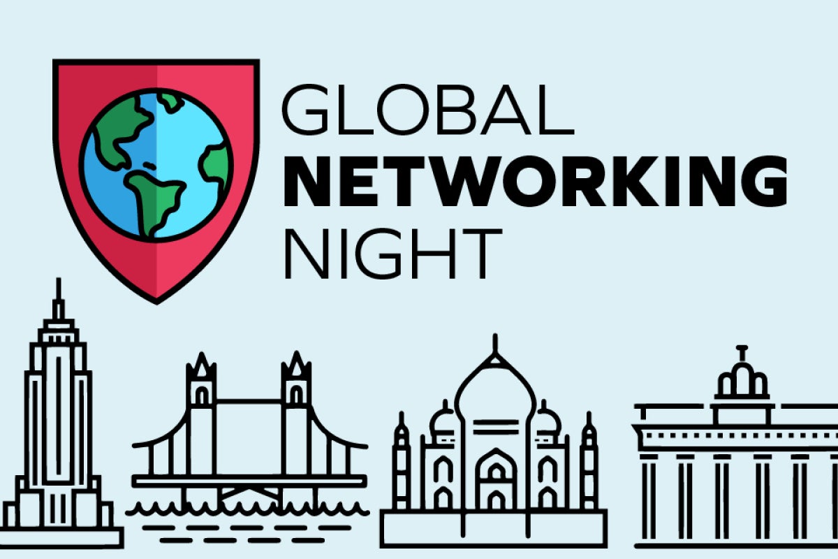 Graphic with "Global Networking" and veritas shape with globe and icons of major locations around the world