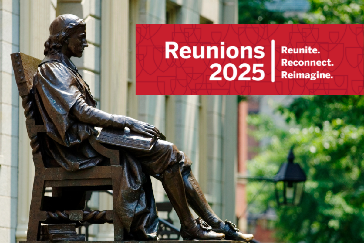 John Harvard statue with crimson branding that reads "Reunions 2025 | Reunite. Reconnect. Reimagine."