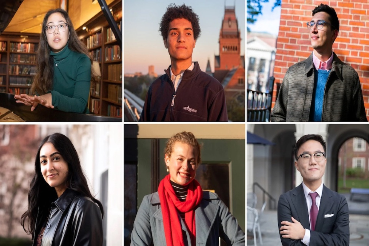 Portraits of Harvard's six newest Rhodes Scholars. Clockwise from top left: Lauren Kim, Isaac Robinson, Henry Cerbone, Brian Wee, Tessa Haining, and Amisha Kambath.