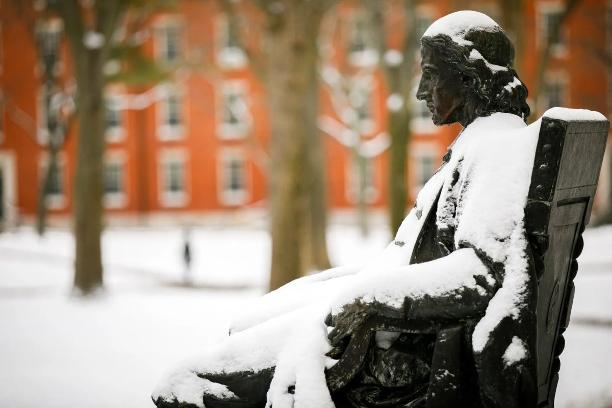 John Harvard covered in snow