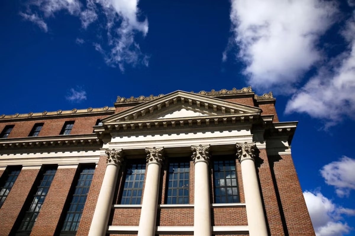 Widener Library with the blue sky and clouds in the background