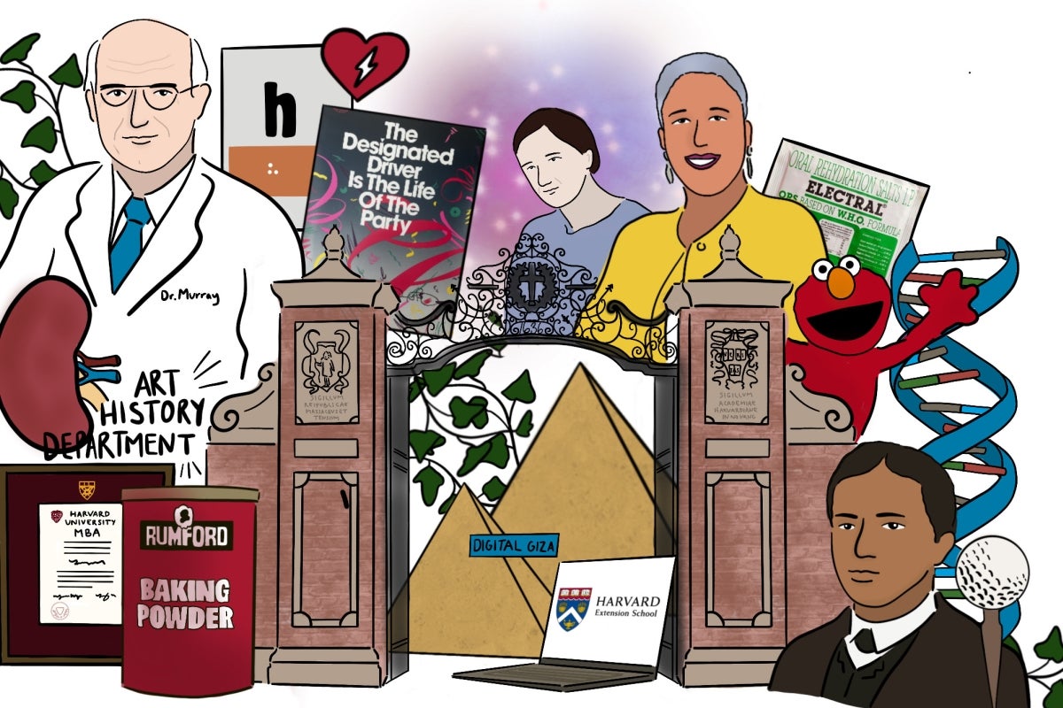 illustration with doctors, Harvard Gate, Elmo, Baking Powder, Golf Ball, DNA, Harvard Extension School Card and Shield, Pyramids, Ivy