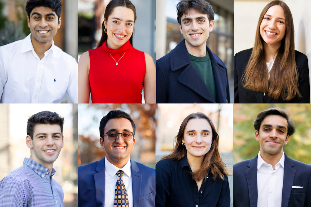 A grid of headshots of Harvard's newest Rhodes Scholars, from left top row: Aneesh Muppidi, Sofia Corona, Thomas Barone, Laura Wegner; second row, Matthew Anzarouth, Ayush Noori, Lena Ashooh, Shahmir Aziz