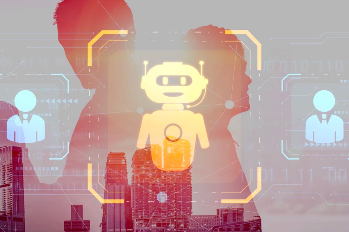 Silhouettes and a robot icon over a city, representing artificial intelligence and the future of work.