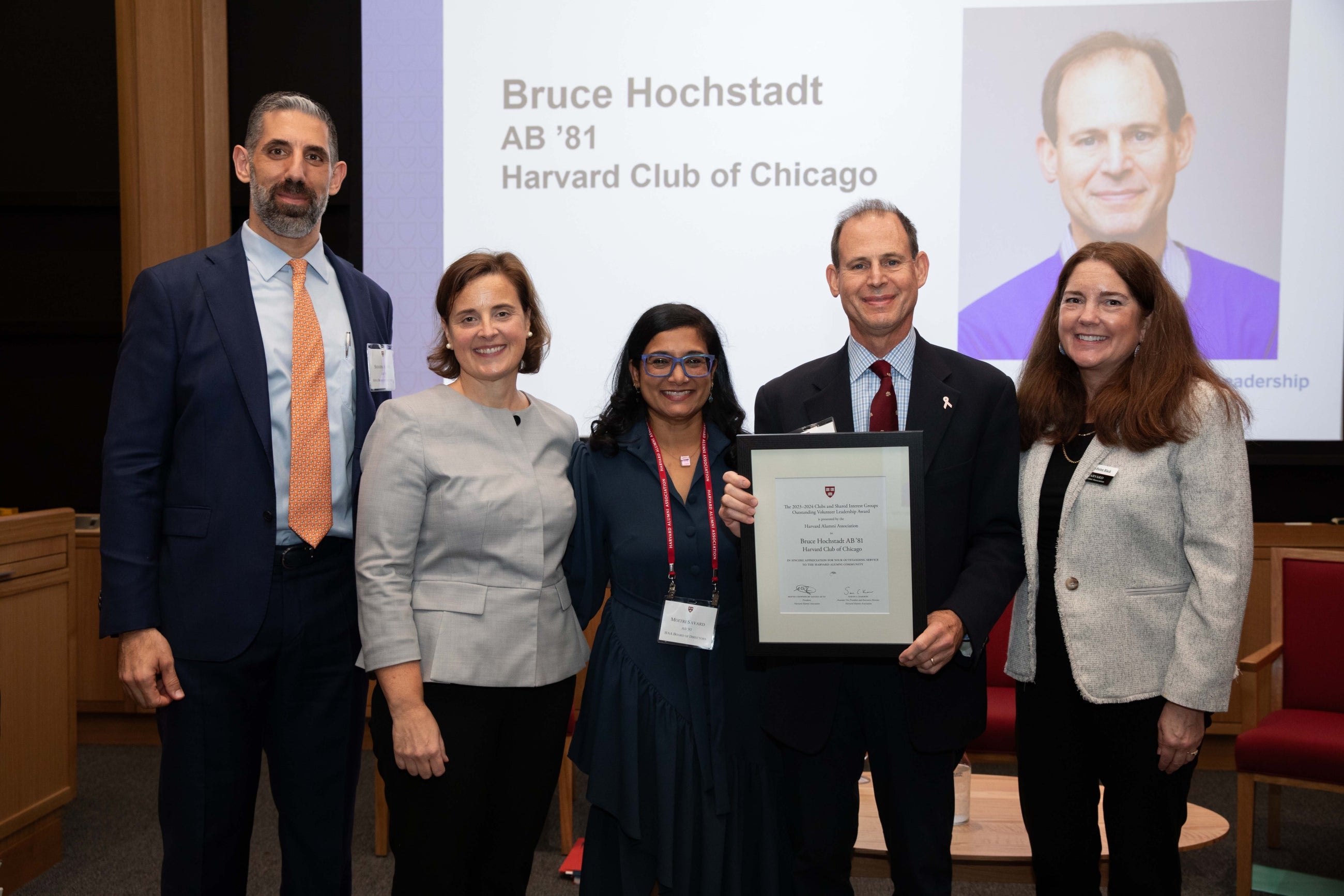 Left to right: Shahm Al-Wir, Sarah C. Karmon, Moitri Chowdhury Savard, Bruce A. Hochstadt AB ’81, and Mary-Helen Black.