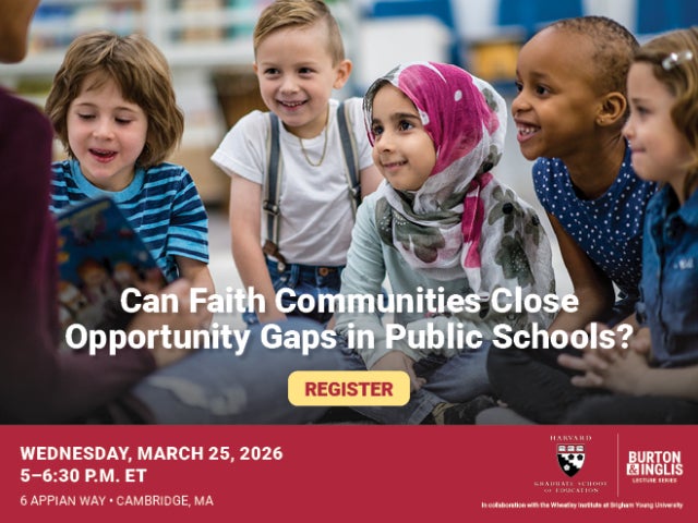 Children looking at teacher. Promotional image for HGSE Burton & Inglis Lecture