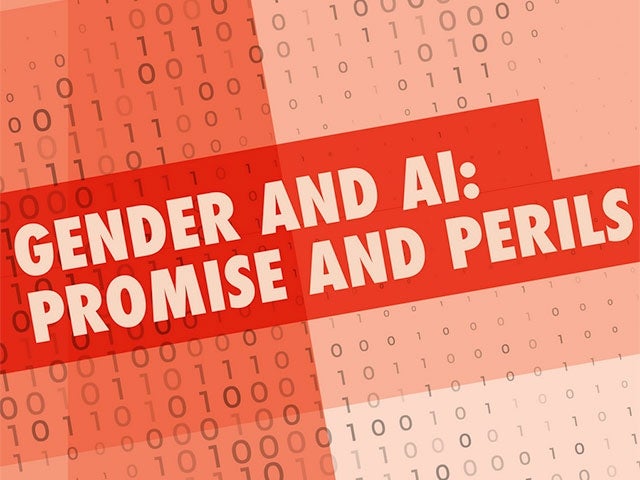 A digital graphic with a red and orange background features binary code overlaid with bold, slanted text reading 'GENDER AND AI: PROMISE AND PERILS' in capital letters.