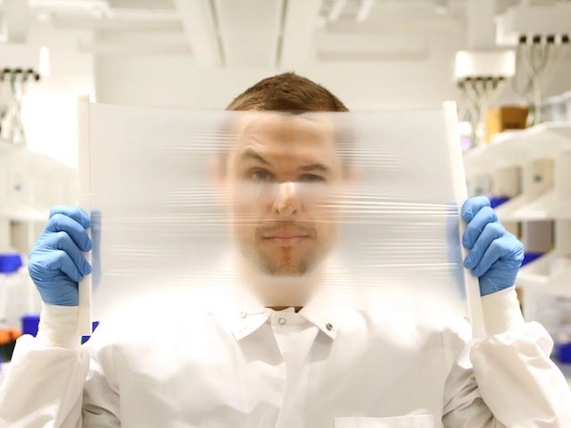 Peteris Lazovskis presses a 15-micron thick membrane—used in Trellis Air’s system—against his face 