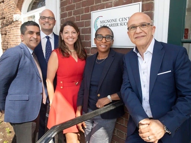 From left: Rakesh Khurana, dean of Harvard College; Roberto Mignone AB ’92, MBA ’96; Allison Mignone AB ’94, MBA ’99; Claudine Gay, Edgerley Family Dean of the Faculty of Arts and Sciences; and Manny Contomanolis, director of the Mignone Center for Career Success