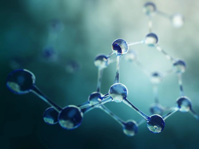 close-up view of a glossy molecular structure with connected spheres