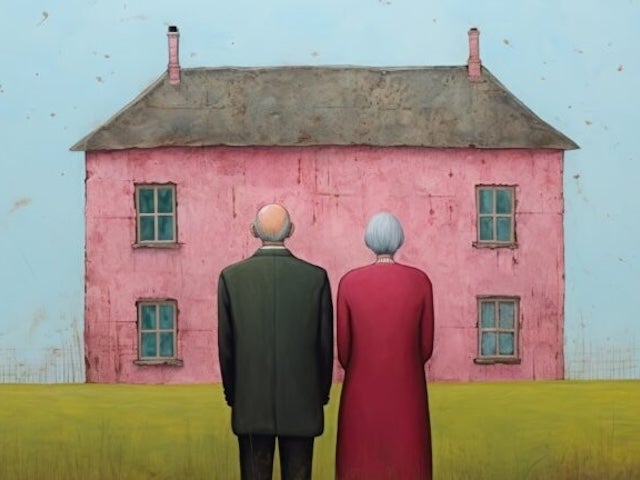 An illustration of an elderly man and woman standing outside and facing a quaint pink house, their backs to the viewer 