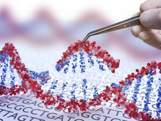 A gloved hand with tweezers edits a 3D DNA model with a background of genetic code