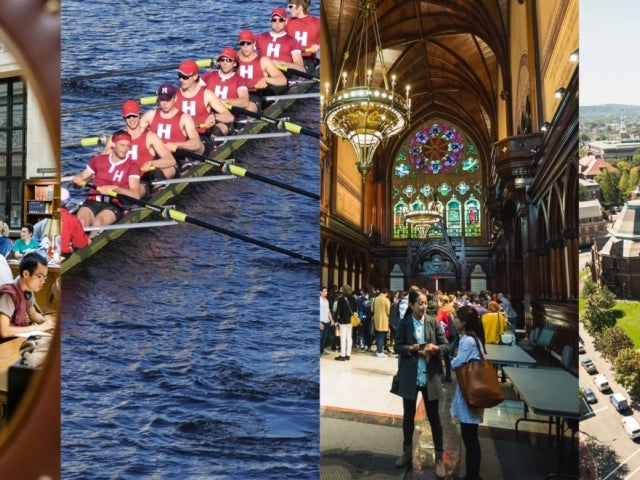 From left: Students studying in Widener Library's Loker Reading Room; a Harvard crew team rowing across the Charles River; people gathering inside Memorial Hall; an exterior shot of Memorial Hall.