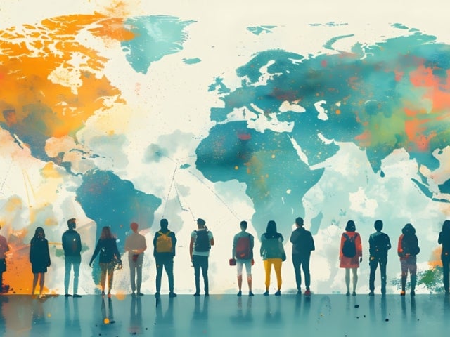 Watercolor image of people looking at a World Map