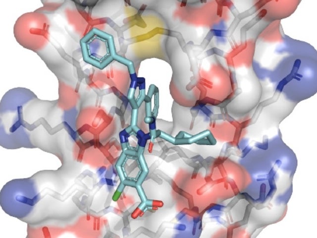 Graphic depicting a small molecule as a chemical structure bound to a larger molecule