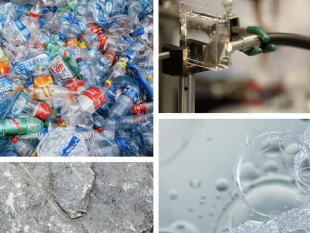 Four-panel graphic featuring plastic waste, lab equipment, water bubbles, and rock