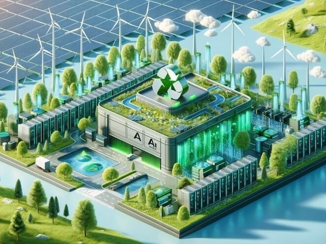 A green energy facility featuring solar panels, wind turbines, and a building with a prominent recycling symbol on the roof