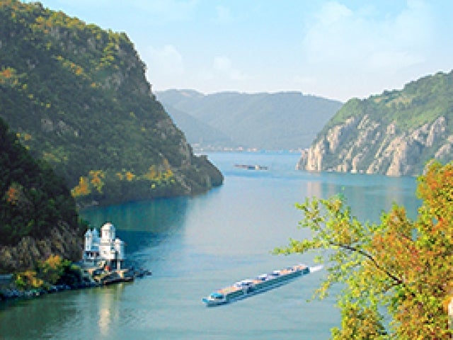 Danube River with riverboat near Iron Gate 