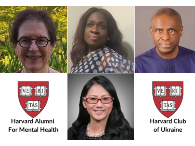 Collage of HAA Clubs and SIGs Award Recipients 2023: Harvard Alumni for Mental Health logo, Harvard Club of Ukraine logo, headshots of Abarbanel AB ’66, Edozien AB ’81, Aggreh LLM ’85, Wong AB ’88.