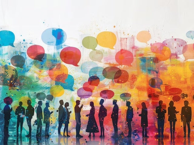 A colorful illustration of a group of people standing and talking to one another with conversation bubbles over their heads