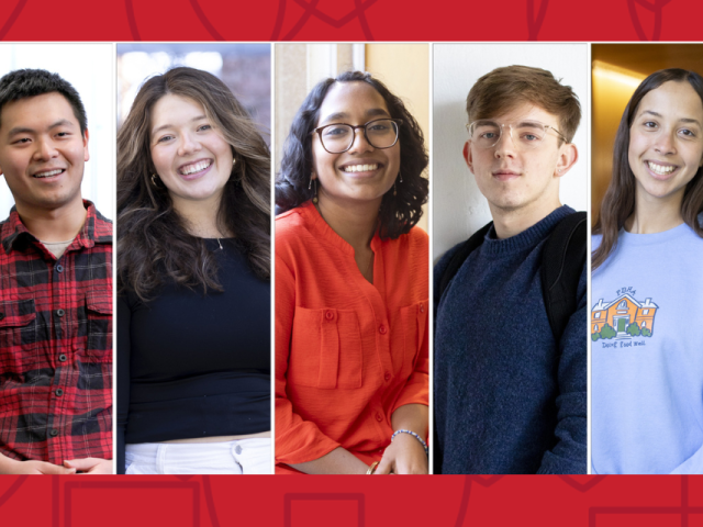 Collage of five students from left to right with a crimson border background with dark crimson shields