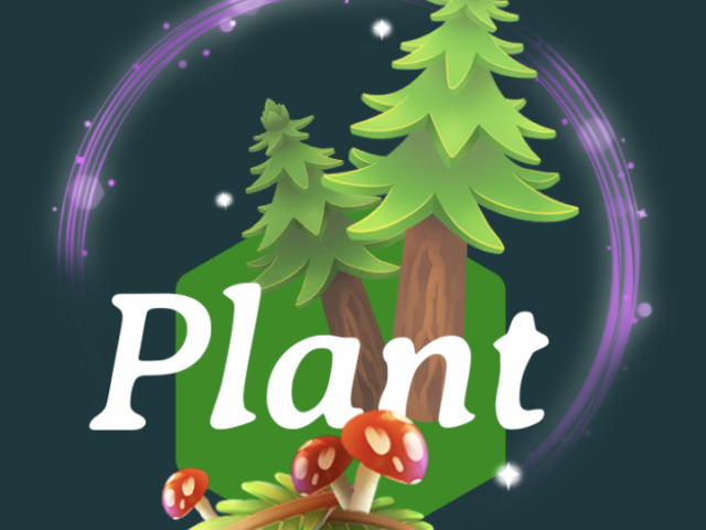 A video game graphic of two evergreen trees, three red and white mushrooms, and the word “Plant”