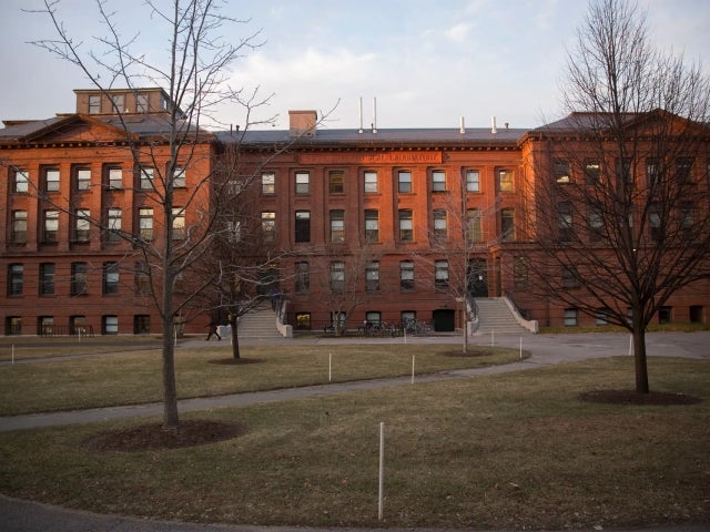 Outside of Harvard Jefferson Physical Labortaory building on a fall evening