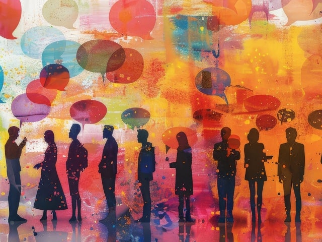 A colorful illustration of a group of people standing and talking to one another with conversation bubbles over their heads.