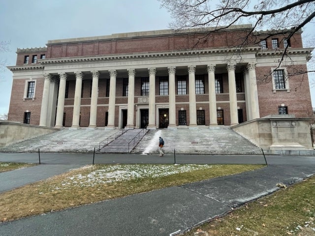 Widener Library during late winter with snow on the steps
