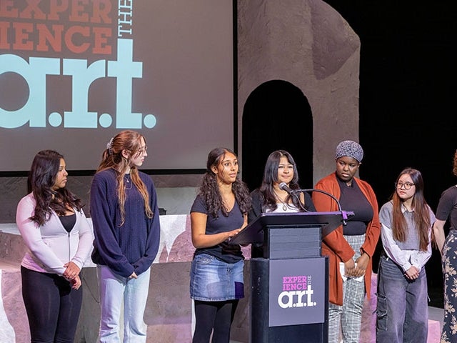 Student participants address attendees of the Lavine Learning Lab launch event