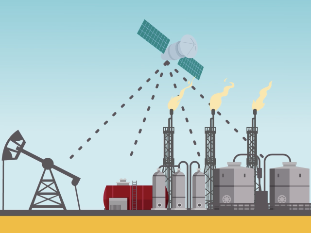 A graphic of an oil refinery, with flare stacks, a jack pump, and a satellite overhead