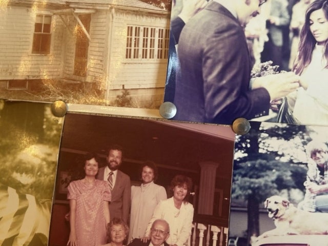 college of family photos iin different shades on a bulletin board