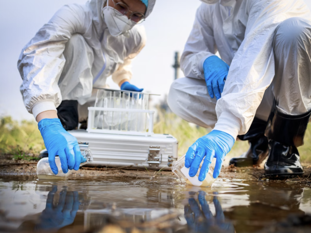 Two researchers dip beakers into a body of water