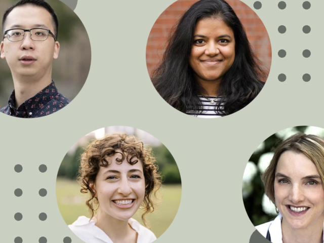 A green and gray rectangle containing headshots of new Harvard Chan School faculty Peng Gao, Amruta Nori-Sarma, Hannah Healy, and Mary Rice