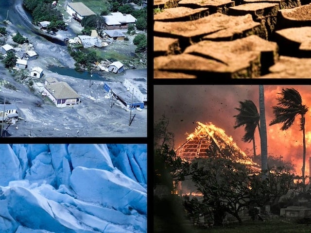 Collage of images of a flooded residential area, arid land, icebergs, and a wildfire burning a structure