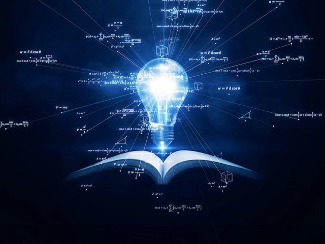 A glowing lightbulb and mathematical equations emerge from an open book
