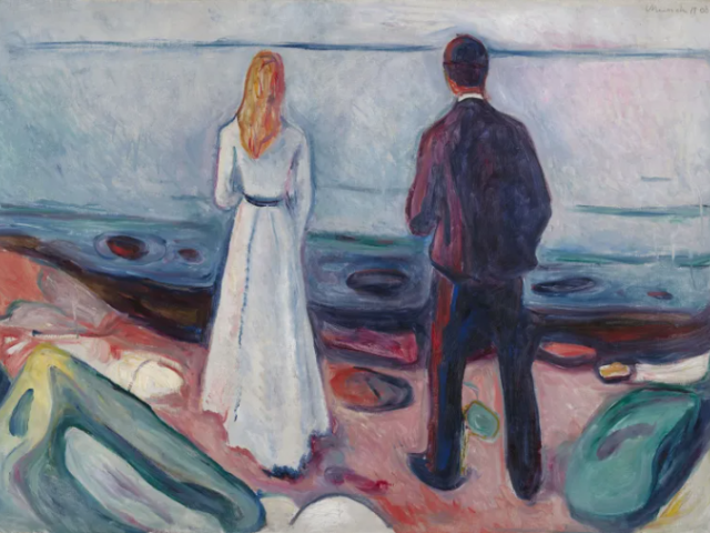 A painting of a man and woman in formal attire stand facing the sea on a beach