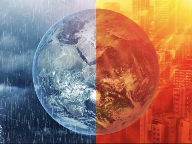 Illustration of Earth, with half experiencing rain and half experiencing heat