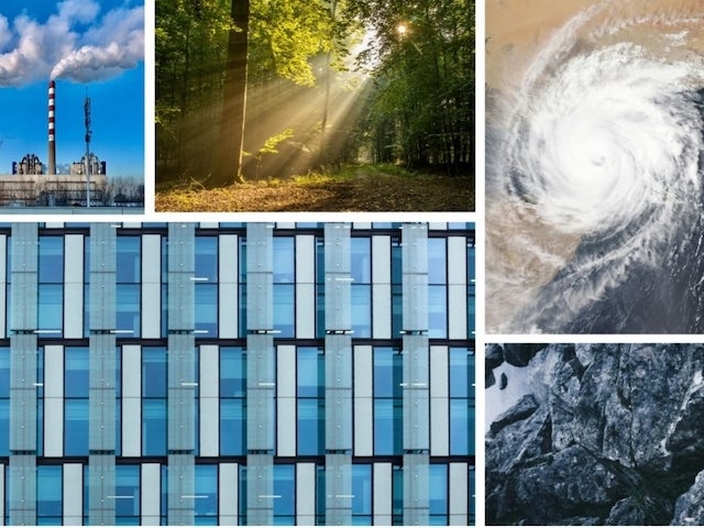 A grid of five photos featuring a power plant with red-striped smoke stacks; shafts of sunlight streaming through trees in a forest; a bird's-eye view of a hurricane over a landmass; a large expanse of windows on a modern building; and dark, igneous rock
