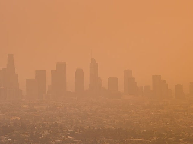 A panoramic view of the Los Angeles skyline with buildings obscured by wildfire smoke and pollutants