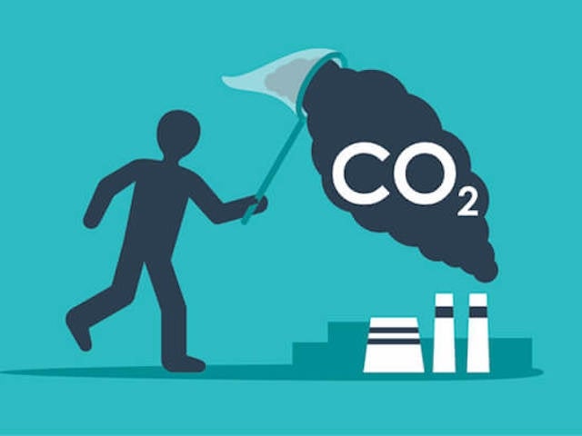 Illustration of a person using a net to capture a cloud of CO2 coming from a smokestack