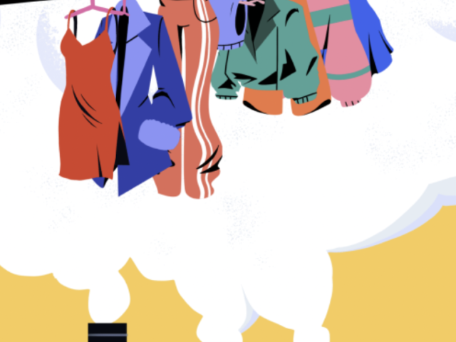 Illustration of a rack of clothing hanging over smoke stacks