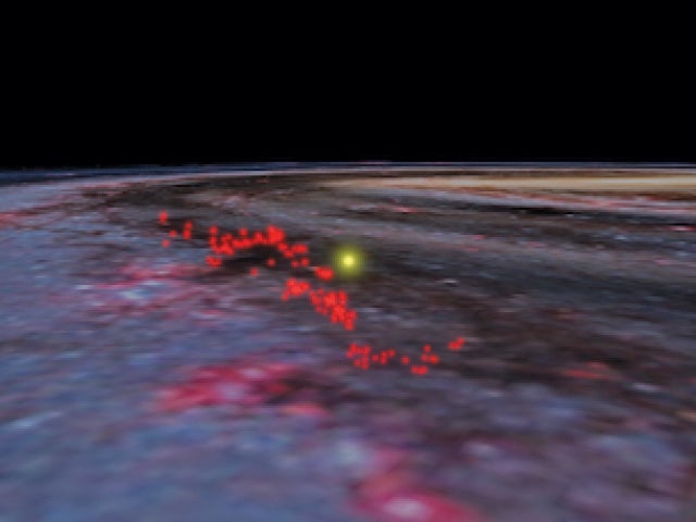 An illustration of the Radcliffe Wave data overlaid on an image of the Milky Way galaxy. Image from the WorldWide Telescope