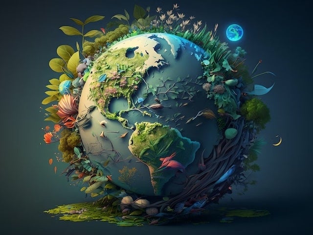 3-D illustration of the Earth with plants growing out of it