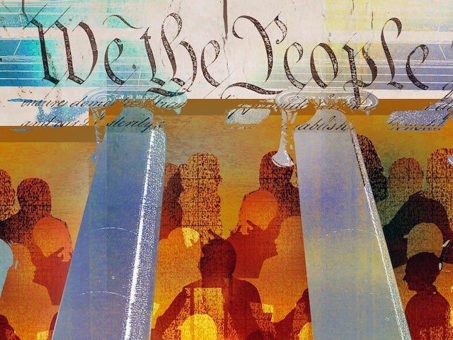 Illustration of silhouettes of people behind pillars below the words “We the people.”