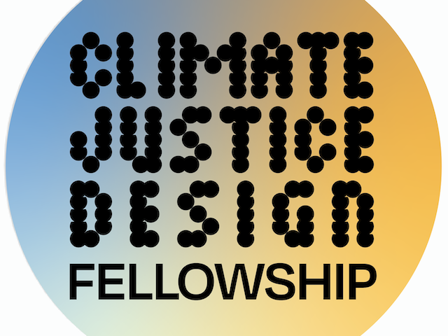 Logo with the words "climate justice design fellowship" in stylized font